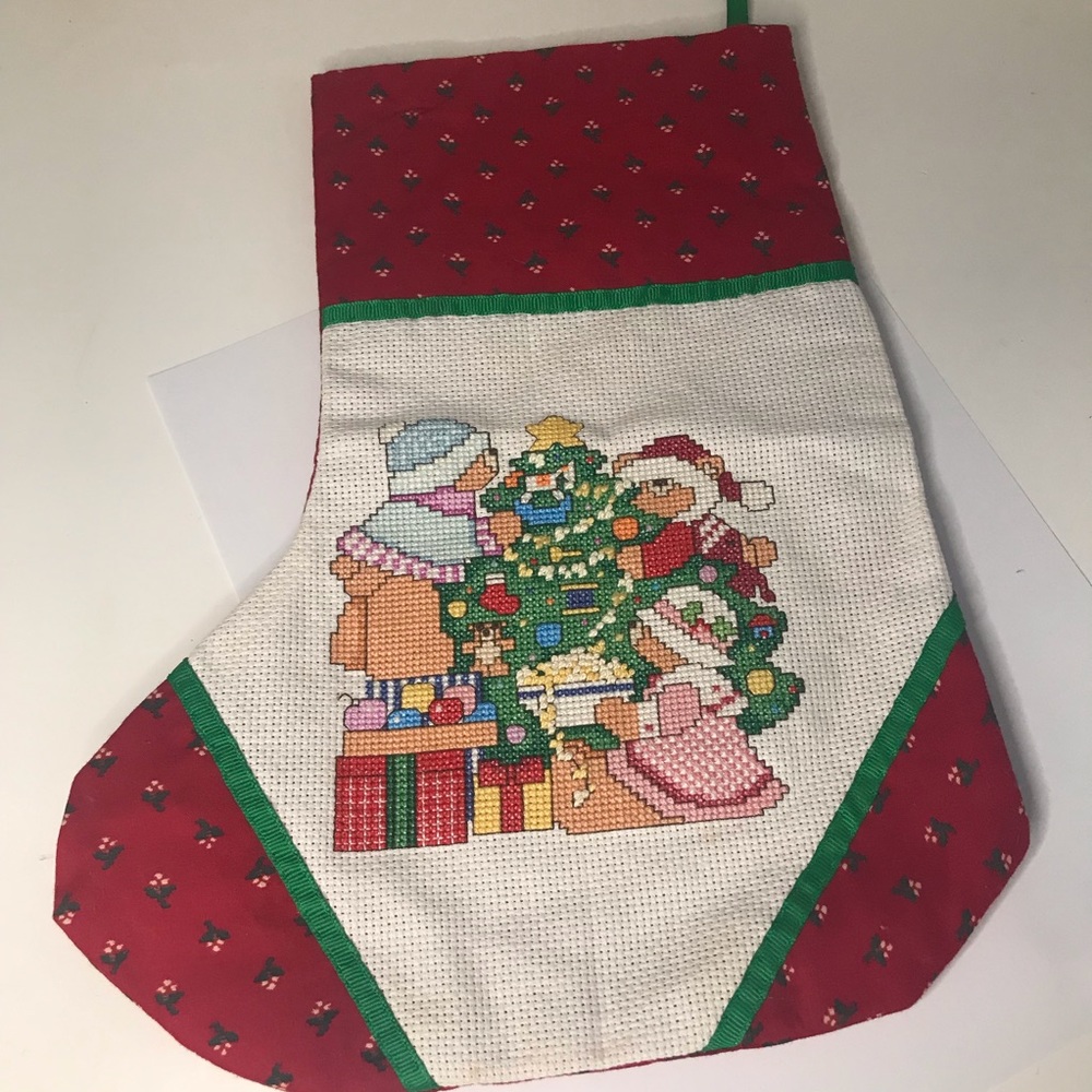 Cross stitch handmade Christmas stocking Vintage